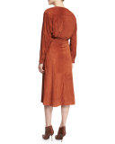 Suede Button-Front Midi Wrap Dress, Burnt Paprika