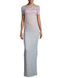 Short-Sleeve Ombre Column Gown, Multi Colors