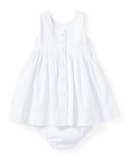 Sleeveless Cotton Pique Dress w/ Bloomers, White, Size 9-24 Months