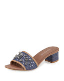 Maxx Jeweled Low-Heel Slide Sandal, Denim/Silver