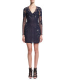 Long-Sleeve Embellished Cocktail Dress, Indigo