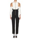 Draped Half-Sleeve Cold-Shoulder Jumpsuit, White/Black