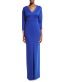 Tilly 3/4-Sleeve Scuba Column Gown, Blue