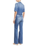 Tao Belted Denim Short-Sleeve Jumpsuit, Blue