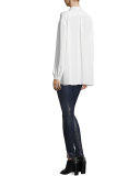 Long-Sleeve Bibbed Chiffon Blouse, Ivory