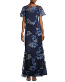 Short-Sleeve Embroidered Tulle Gown, Blue/Gray
