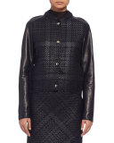 Long-Sleeve Braided-Front Leather Jacket, Black