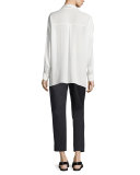 Silk Long-Sleeve Popover Blouse, Off White