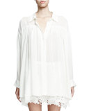 Long-Sleeve Poet Blouse W/Self Tie, Milk