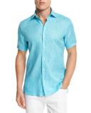 Over-Dyed Linen Short-Sleeve Sport Shirt, Aqua