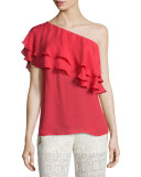 Silk One-Shoulder Flutter Blouse, Battle Red