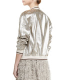 Striped-Trim Leather Bomber Jacket, Silver