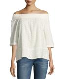 The Embroidered Off-the-Shoulder Smocked Tee, Dirty White