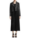 Ilana Off-The-Shoulder Plissé Tea-Length Dress, Black