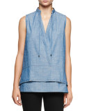 Sleeveless Double-Hem Chambray Tunic, Blue