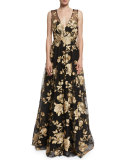 Sleeveless Floral-Embroidered Ball Gown, Black