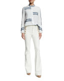 Bell-Sleeve Poplin Striped-Trim Blouse, Soft White