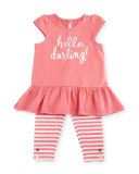 cap-sleeve hello darling tee w/ striped leggings, pink, size 12-24 months