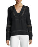Long-Sleeve Silk Lace-Trim Blouse, Black