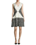 V-Neck Scroll Guipure Lace Dress, Ivory/Black