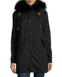 Hooded Fox-Trim Microfiber Parka