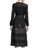 Long-Sleeve Vintage-Inspired Silk Midi Dress, Black