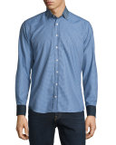 Micro-Print Long-Sleeve Sport Shirt w/Contrast Details, Blue
