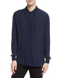 Long-Sleeve Silk Blouse, Coastal Blue
