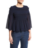 3/4-Sleeve Embroidered Peplum Top, Dark Navy