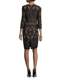3/4-Sleeve Lace Cocktail Dress, Black