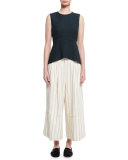 Striped Twill Wide-Leg Cropped Pants, Bone/Marine