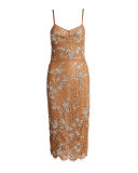 Crystal-Encrusted Floral-Lace Slip Dress, Suntan