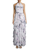 Sleeveless Halter-Neck Ruffle Gown, Lavender Lily