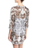 Embroidered & Printed Silk Chiffon Tunic Coverup, Black/White