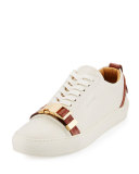 Men's 50mm Low-Top Sneaker with Croc-Embossed Leather Details, Off White Peanut
