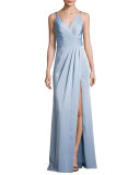 Sleeveless Ruched Stretch Taffeta Gown, Blue