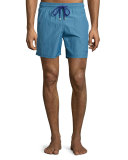 Morio Micro-Gingham-Print Swim Trunks, Medium Blue