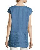 Summer Short-Sleeve Embroidered Linen Blouse, Medium Blue