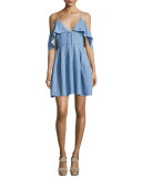 Cold-Shoulder Chambray Mini Dress, Light Blue
