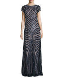 Isabelle Cap-Sleeve Geometric Sequined Gown