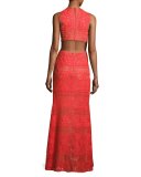 Merida Cutout-Back Floral Lace Gown, Bright Poppy