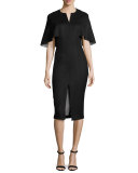 Capelet Front-Slit Sheath Dress, Black
