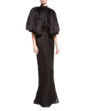 Flounce-Sleeve Open-Back Silk Gown, Black