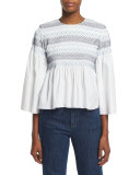 3/4-Sleeve Embroidered Peplum Top, White