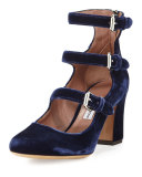 Ginger Velvet Three-Strap Pump, Blue