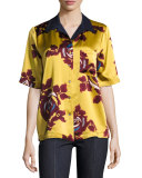 Dani Floral-Print Silk Shirt, Chartreuse/Multicolor