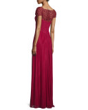 Cap-Sleeve Beaded Lace-Trim Chiffon Gown