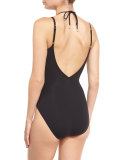 Embellished Plunge-Neck One-Piece Swimsuit, Black