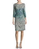 3/4-Sleeve Printed Sheath Dress, Gray Multi