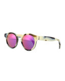 Leonard Round Horn-Pattern Sunglasses with Mirror Lens, Brown/Cream